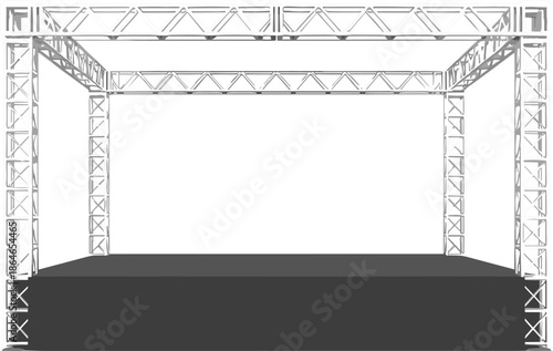 Empty outdoor event stage with aluminum truss system, professional lighting rig structure, and black podium platform