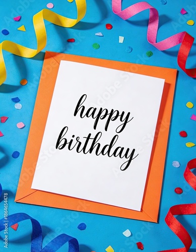 happy birthday greeting card with calligraphy text on white paper and orange envelope, colorful confetti and streamers background, festive celebration flat lay