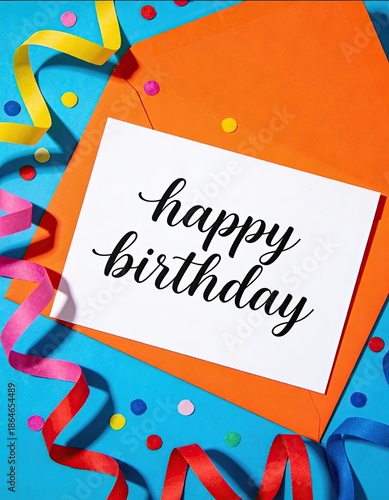 happy birthday greeting card with calligraphy text on white paper and orange envelope, colorful confetti and streamers background, festive celebration flat lay