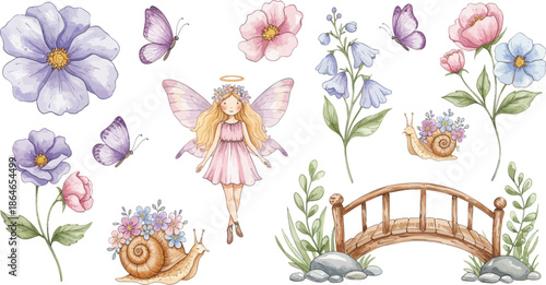 Whimsical fairy standing among flowers and a small bridge in garden