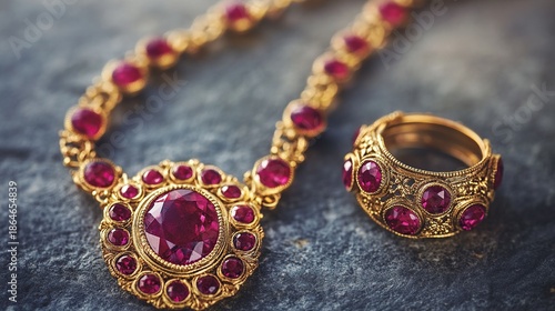 Luxurious Ruby and Gold Jewelry: Necklace and Ring