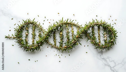 Creative Concept of Plant Biotechnology and Genetic Engineering with a Double Helix DNA Structure Artfully Crafted from Fresh Green Rosemary Sprigs on a Minimalist White Marble Background.