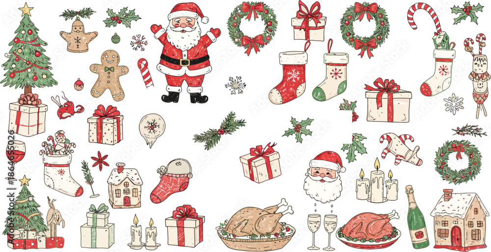 Fototapeta premium Christmas icons and symbols illustration with santa claus and decorations