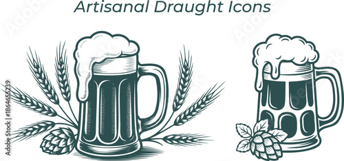 Hand-Drawn Artisanal Draught Beer Mug Graphics featuring Realistic Wheat Stalks and Hops for Craft Brewery Branding, Pub Menu Design, and Vintage Alcohol Labeling