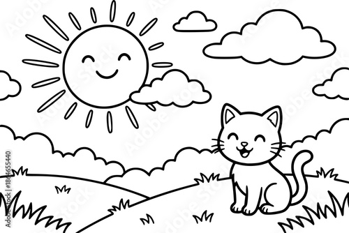 A simple landscape with a smiling sun, clouds, grass, and a cute cartoon cat sitting. Kids coloring book with simple line art to support creativity, motor skills, and early childhood learning.