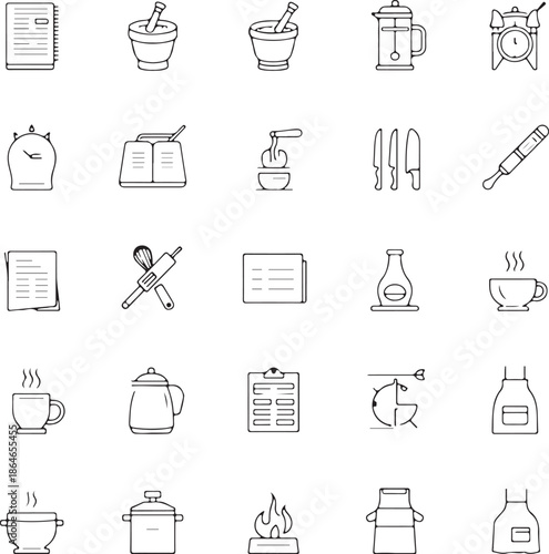 Assortment of hand-drawn kitchen and cooking related icons in a grid layout on a white background