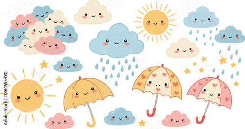 Whimsical cartoon weather icons with smiling faces in various colors