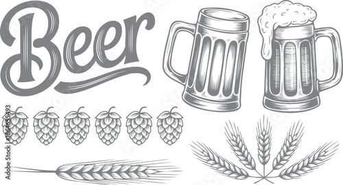 Hand drawn beer mugs hops and wheat perfect for brewery art