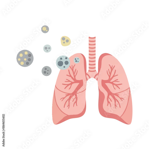 Illustration of human lungs with bronchial tree and virus particles in the air, depicted in a medical style with a white background.