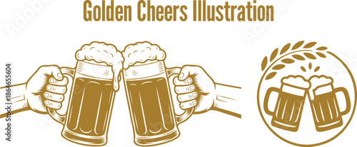 Golden Cheers Traditional Illustration of Two Beer Mugs Clinking Together