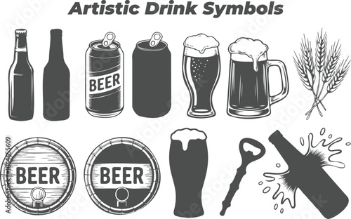 Artistic Illustrations of Beer Bottles Cans Glasses and Barrels