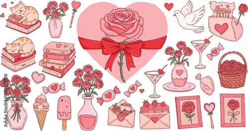 Hand drawn wedding accessories and floral icons featuring pink roses and vintage hearts create a romantic vector design for a love greeting card or invitation