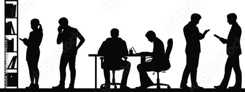 Black Silhouette Featuring People Working in a Modern Office, Library, or Coworking Space