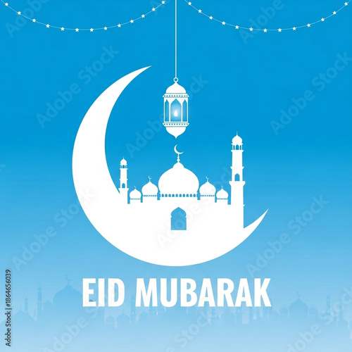 Eid mubarak greeting card with mosque and crescent moon design