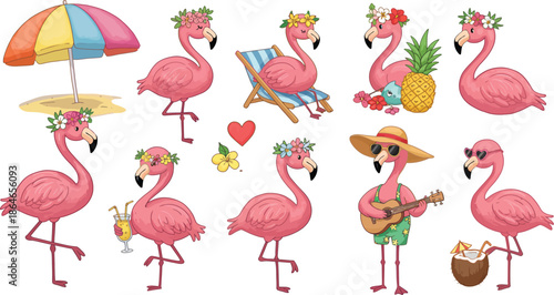 Flamingos in various summer vacation poses and accessories