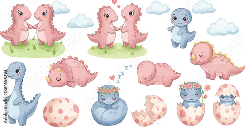 Cute cartoon dinosaurs and eggs in various poses and colors