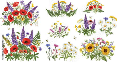 Vibrant colorful floral arrangements with various flowers on white background