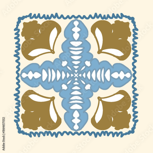 Abstract Geometric Floral Tile Ornament in Earth Tone Colors