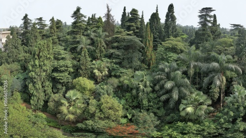 panoramic view of a lush forest canopy showcasing a variety of tree species