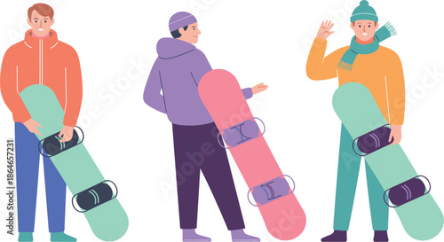 Colorful Snowboarder Illustration Set, Featuring Flat Character Designs for Winter Sports and Activity Projects