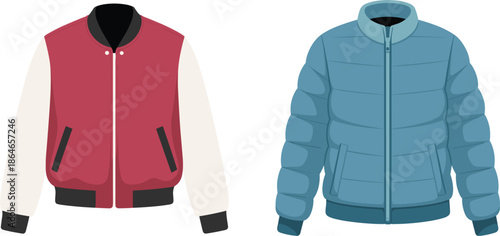 Colorful Puffer and Varsity Jacket Illustration Set, Featuring Modern Winter Apparel Graphic Design Elements