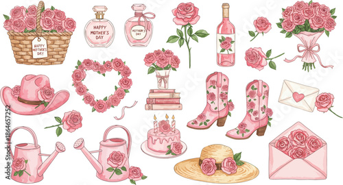 Valentine s day themed illustrations of flowers gifts and accessories
