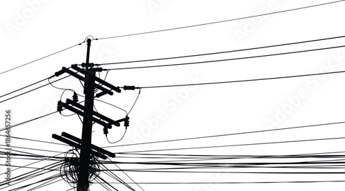 Silhouette utility pole, tangled power lines overhead, complex urban electrical infrastructure scene