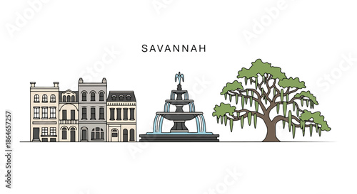 Savannah's Historic Charm Illustrated A Detailed Vector Representation of Iconic Architecture Majestic Fountain and Serene Live Oak Tree with