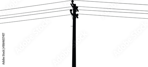 Silhouette utility pole, power lines stretching across sky, minimalist electrical infrastructure scene