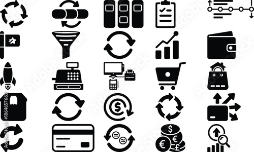 Collection of business and finance icons for workflow, shopping, and data analysis