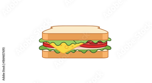 Vibrant cartoon sandwich graphic displays fresh lettuce, tomato, cheese, ham. Perfect light meal representation for quick, appealing snack visuals.
