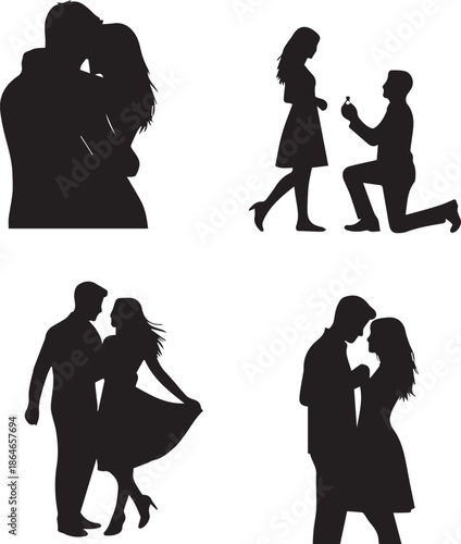 Romantic couple silhouettes set for wedding engagement, marriage proposal, dancing and hugging