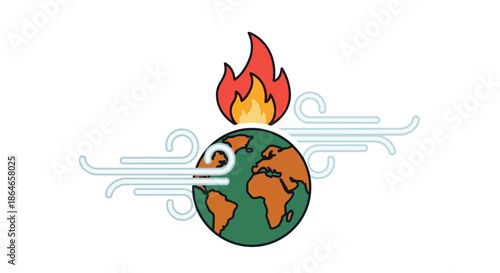 Visualizing Earth's severe climate crisis, this image features intense flames and powerful winds around the globe, symbolizing urgent global warming