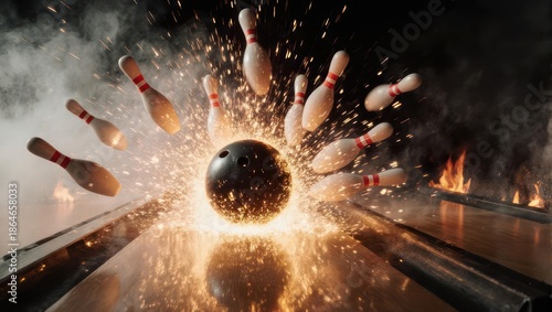 Bowling ball exploding amongst pins, creating a spectacular visual of impact and motion