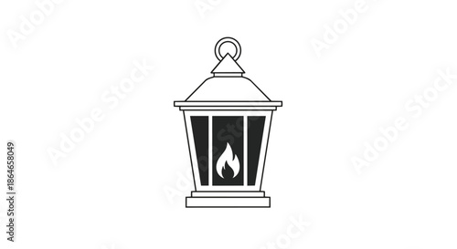 Stylized black and white outline of a classic lantern radiating an iconic graphic flame within its traditional design
