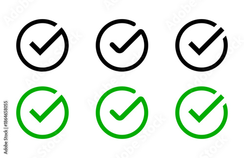 A set of six check mark icons in different styles and colors on a white background