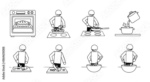 Monochrome illustration showcasing diverse culinary actions kitchen preparation and cooking processes for food creation