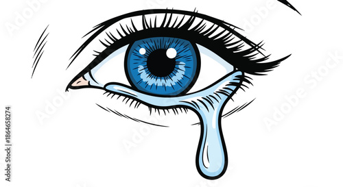 Expressive vector illustration of a vibrant blue eye shedding a solitary tear depicting deep sorrow profound empathy and emotional vulnerability