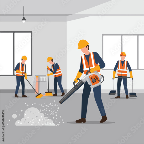 Construction workers cleaning with blower.