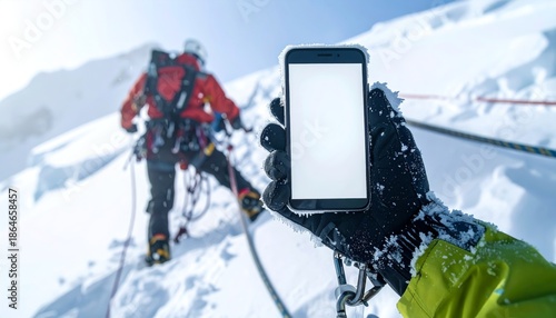 Mountaineer uses smartphone on snowy mountain peak with climber ahead.