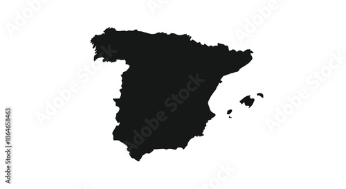 A clear geographical silhouette of Spain featuring the entire Iberian Peninsula and its associated Balearic Islands rendered crisply on a pure white