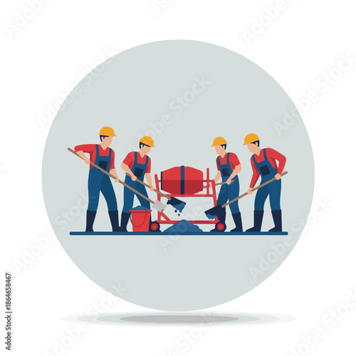 Four workers with cleaning tools.