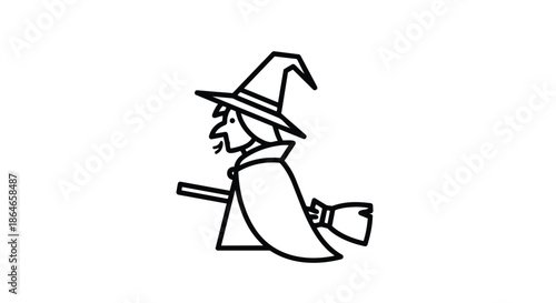 Whimsical line art illustration of a cheerful witch soaring through the magical night sky on her trusty broomstick, embracing the festive spirit and