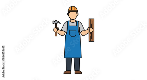 Dedicated builder figure wearing safety gear holding a hammer and wooden plank prepared for construction tasks