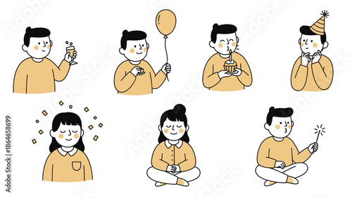 Collection of diverse people enjoying celebratory moments and relaxation.