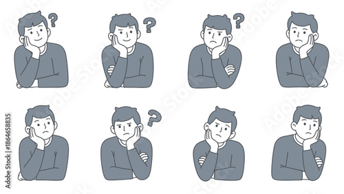 Collection of Eight Diverse Poses of a Young Man Deep in Thought with Question Marks Above His Head.