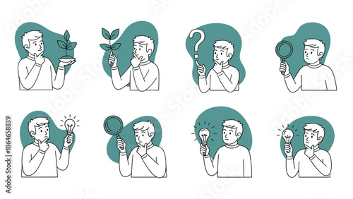 Collection of eight illustrations depicting a person in various thoughtful poses and actions.