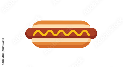 A vibrant flat-design illustration of a classic hot dog with mustard in a golden bun.
