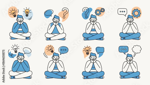 Collection of eight illustrations of people thinking and brainstorming ideas.