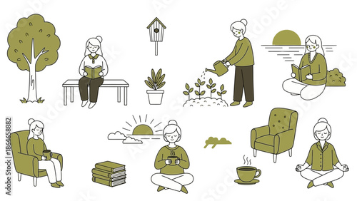 Collection of elderly women enjoying various relaxing activities.